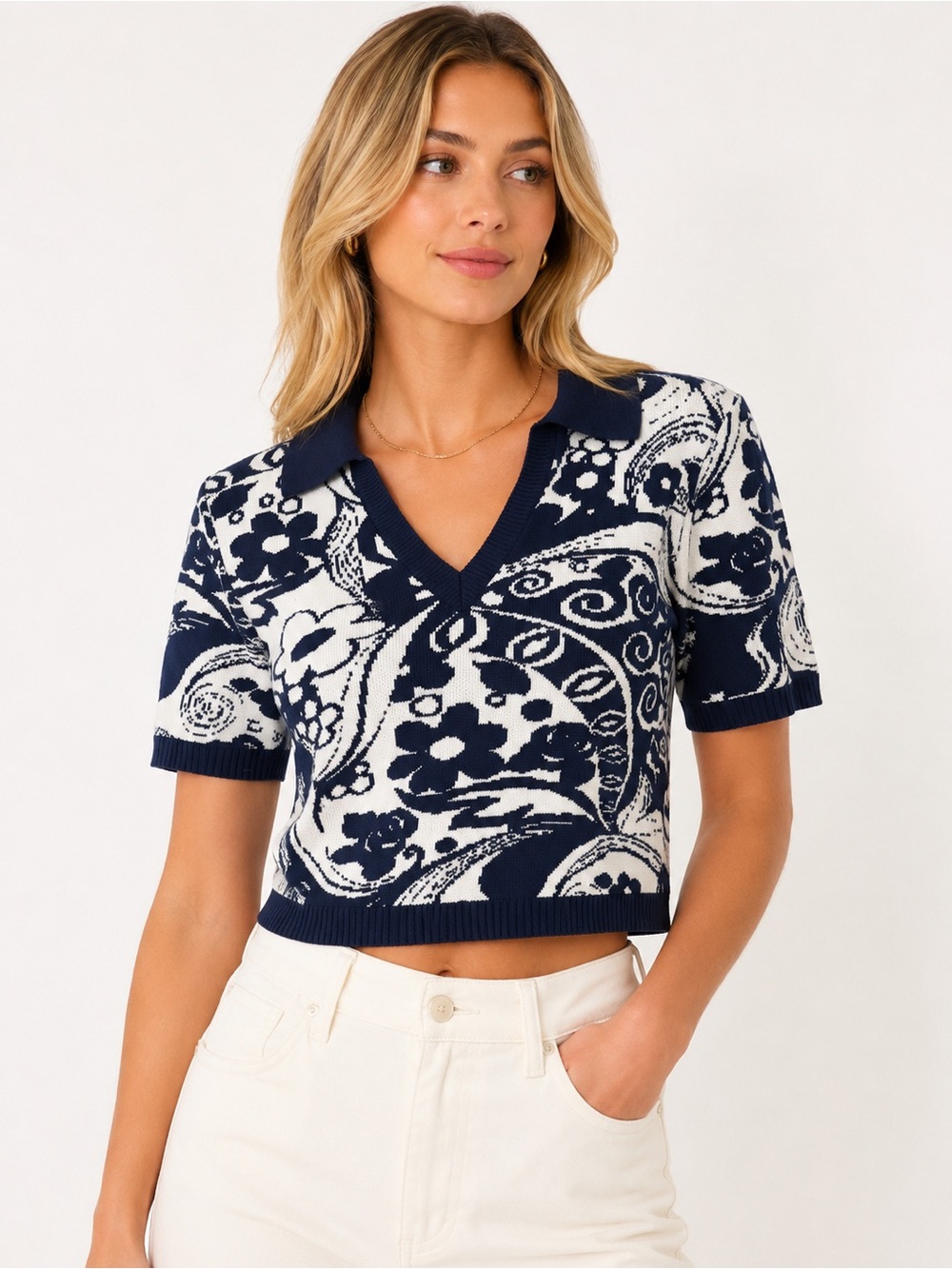 WAYF ’98 Navy Ivory Paisley Cotton Cropped Sweater Polo S